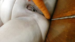 Carrot Masturbating Pussy Leads to Creamy Mess and Orgasm