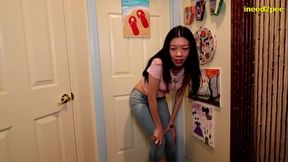Meeting Miss Mia outside bathroom wetting her jeans