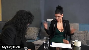 Sexy assistant assisting a poor tiny dick during his job interview