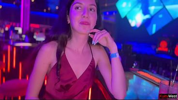 Amateur brunette babe gives a hot blowjob in the nightclub restroom before