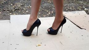 High heels crush, crush big piece of cardboard, cardboard crush and stomp by high heels, stilettos crush