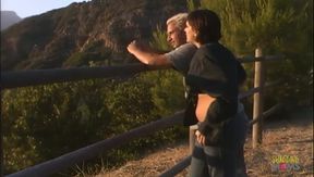 Beautiful brunette with big boobs loves to ride a big hard dick in the woods