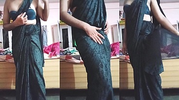 Indian Gay Crossdresser Gaurisissy looking hot in Black Saree
