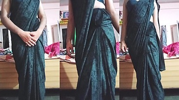 Indian Gay Crossdresser Gaurisissy looking hot in Black Saree