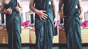 Indian Gay Crossdresser Gaurisissy looking hot in Black Saree