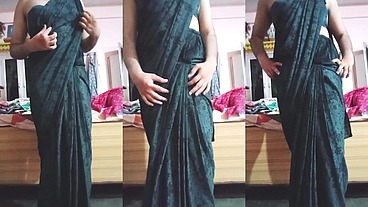 Indian Gay Crossdresser Gaurisissy looking hot in Black Saree