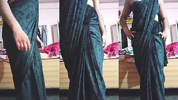 Indian Gay Crossdresser Gaurisissy looking hot in Black Saree