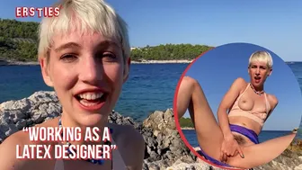 Adorable blonde Annika fingers her hairy pussy on a Croatian beach