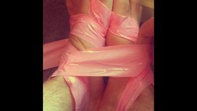 Binding My Feet and Ankles with Pink Latex Bondage Tape for the First Time - Male Feet - Manlyfoot