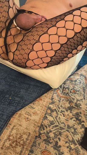 Stroking my cock in fishnets and heels