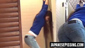 Young Asian cutie peed on while tied up outdoors