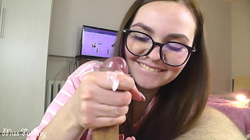 Blowjob and handjob from cutie in glasses a lot of sperm