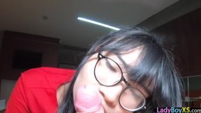 Pretty and geeky hot ladyboy chick gets barebacked hard