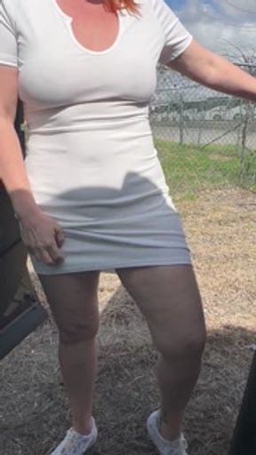 Public Piss in White See-Through Dress