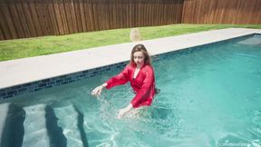 Ella's First Wetlook Experience in a Red Satin Robe