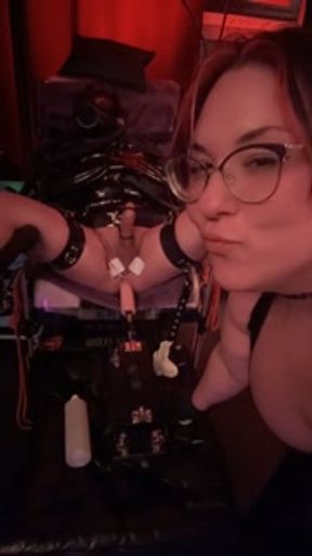 BBW Femdom puts male slave in latex bondage with electro CBT &amp; Fuck Machine