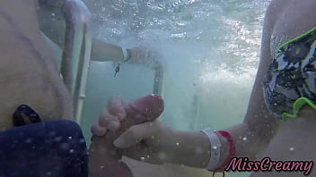 Teen student masturbate my cock in a public pool in front of everyone - it&#039_s very risky with people near- MissCreamy