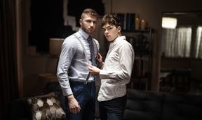 Young lovers fuck on the leather couch in intriguing gay kinks