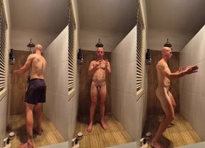 Gay wet monk dances in shower letting that wiggle out