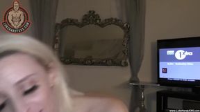Inked blonde babe with shaved pussy gives a POV blowjob and handjob with a smile