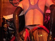 Femboy in swimsuit and pantyhoses is fallen in and slime