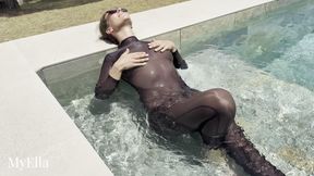 Poolside Tease in a Shiny Nylon Catsuit