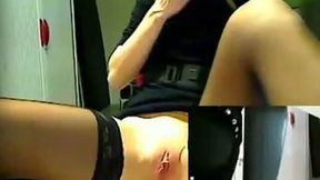Sexy girl in nylon stockings masturbating in the office