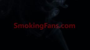 Chain smoking in fishnet tights and black dress