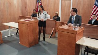 Hot Brunette In The Courtroom Gangbang With Eight Cocks