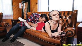 Alluring blonde busty sexpot lies onto her body side fucking hardcore