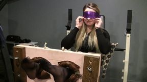 Destiny tickles Kats NYLON covered feet Blindfolded in the stocks