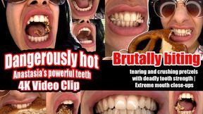 4k | Extreme Close-Dangerously hot: Anastasia’s powerful teeth destroy pretzels mercilessly right under your nose – Intense biting, tiger-like tearing, mashing into pulp & swallowing | Tooth Crushing Fetish, Open Mouth, Showing Teeth