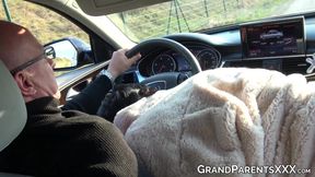 Grandma gives handjob and blowjob while driving
