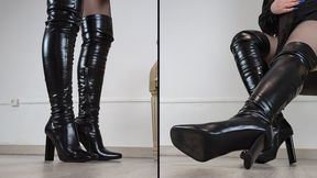 Shoeplay & Walking in Thigh High Boots with High Heels and Black Pantyhose (Shoe Collection) - Dame Olga 4K (731)