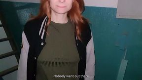 Fiery redhead gets naughty in the stairwell with parents home