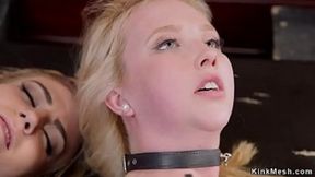 Butler fucks deep throat blonde slave then catches babe spying them and fucks her too in threesome bdsm in the upper floor