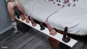 Petite Japanese wife takes monstrous dildos in rough hardcore riding
