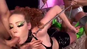 Wild curly redhead sucks strong dick while brunette eats her juicy pussy