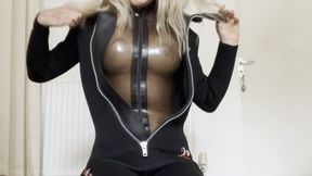 latex rubber , neoprene wetsuit gasmask and puffa jacket but plug cum