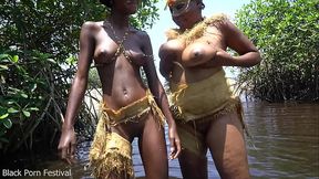 Tribal african girls performing wild sex ritual on me by the river