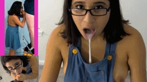 eRica sucks off the handy man while wearing her cute overall jumper! Huge cum deposit in mouth!