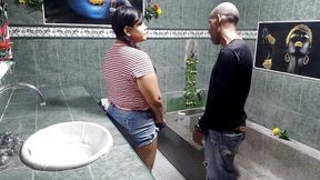 I Clean up in the Bathroom and My Boss Really Wants It so I Suck His Dick Until He Cums on My Face