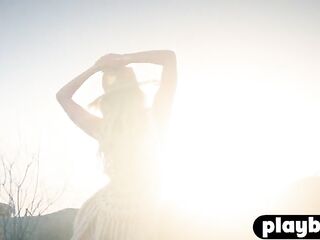 Blond sweetheart Emma Hix undressed her charming body after sexy striptease session for the Playboy and sexy cutie enjoyed solo action