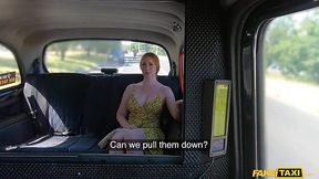 Redhead with milky tits receives cumshot on her cherry after taxi sex