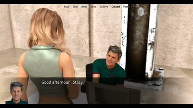 Animated office fantasy turns heated in a clothing store as a bald man exposes himself to a blonde woman