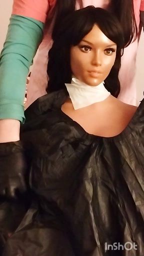 Ebony sex doll Nikki wears barberette capes