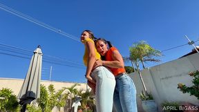 wet jeans, messy cream & poolside girl/girl teasing — part 1