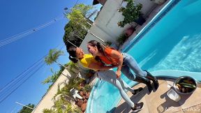 wet jeans, messy cream & poolside girl/girl teasing — part 1