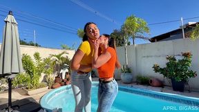 wet jeans, messy cream & poolside girl/girl teasing — part 1