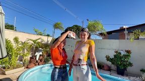 wet jeans, messy cream & poolside girl/girl teasing — part 1
